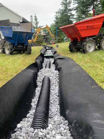 How to make a french drain picture.  Landscape drainage solution for water in the yard.  Building a french drain with perforated pipe and fabric wrapped stone trench.  DIY french drain ideas for a yard or outside of a house.  How to install a french drain diy landscaping project idea.
