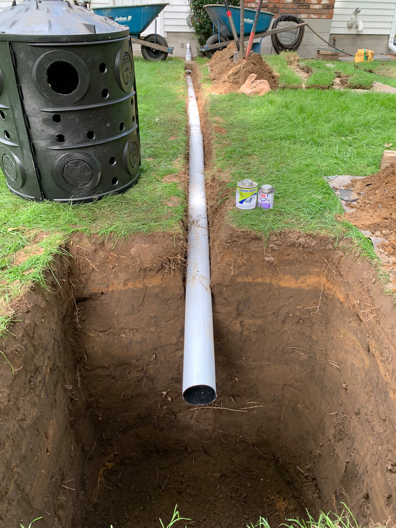 DIY outdoor drainage ideas for a home. How to install drainage for water around the exterior foundation of a house or in the yard. Landscape drainage pictures for installing a french drain, underground downspout pipes, dry well, and catch basins. 