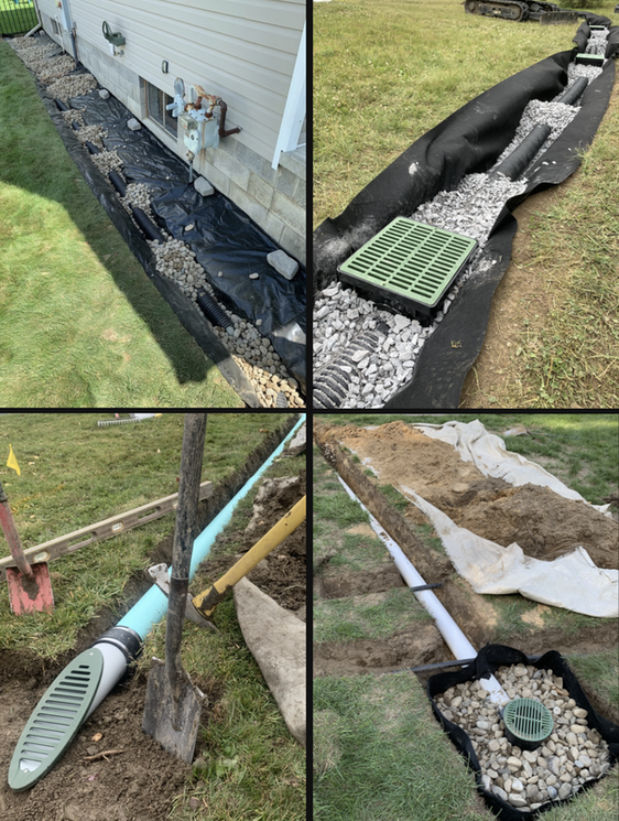 Water drainage solutions for outside a house. How to install drainage systems picture.  DIY underground drainage ideas for around exterior of home, landscape, and yard.  Installation of foundation drainage, french drain, dry well, catch basin, underground pipes, and discharge outlets for a buried gutter downspout or sump pump discharge. 